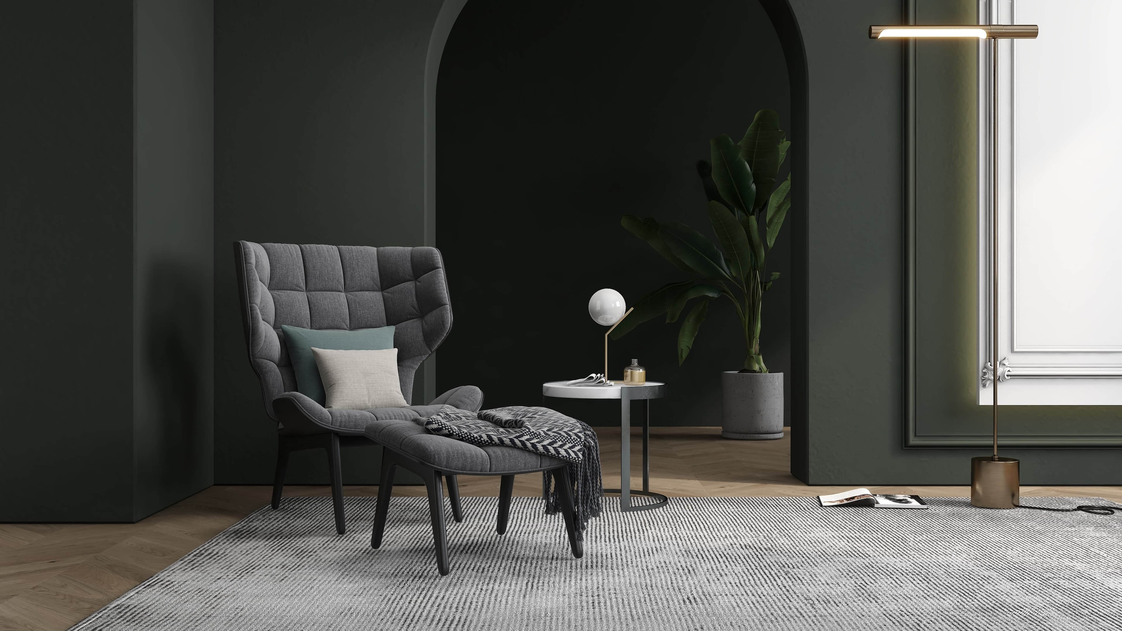Luxe grijze stoel met kussens in kamer